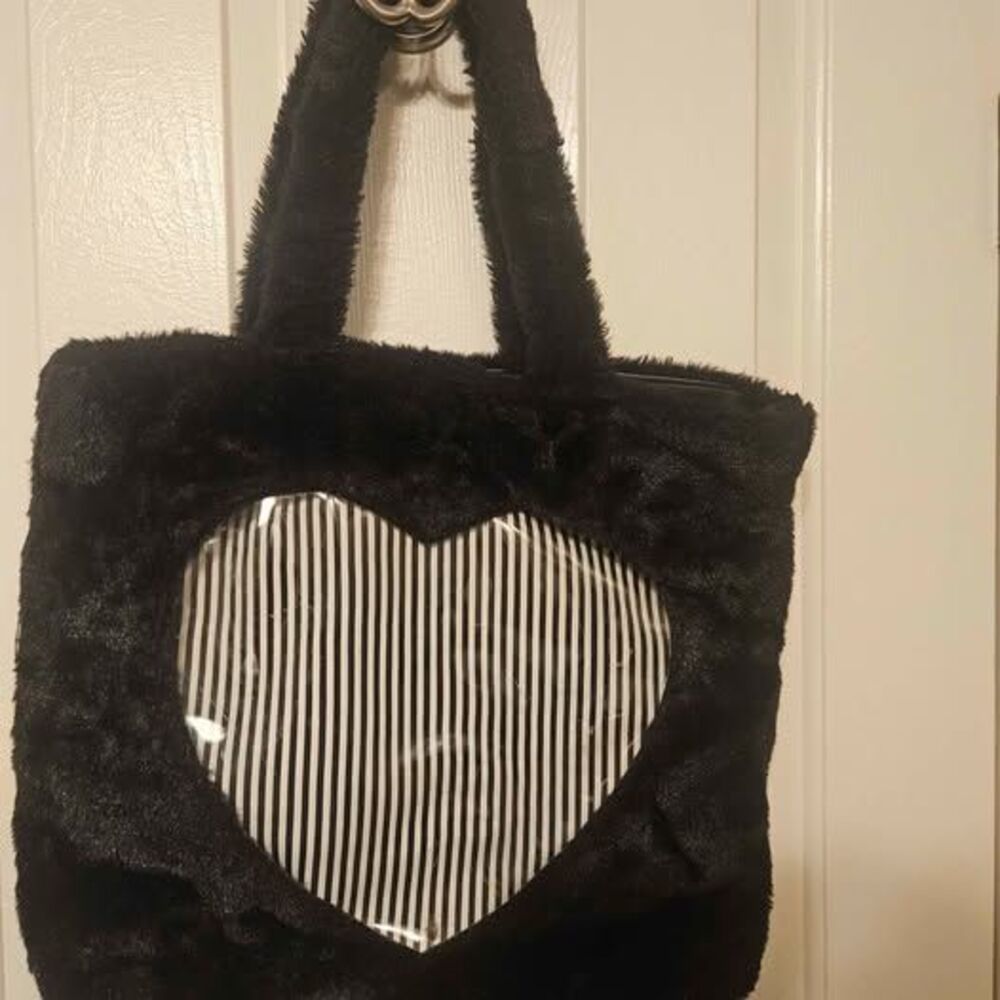 Betsey Johnson Black Faux Fur Purse with Heart Cut Out